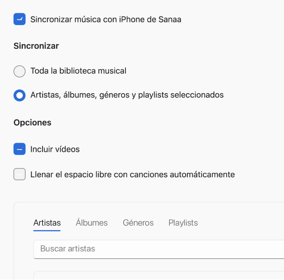 La ventana de Dispositivos Apple con la opción de sincronización de música.