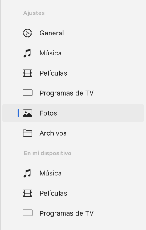 La barra lateral con la opción Fotos seleccionada.