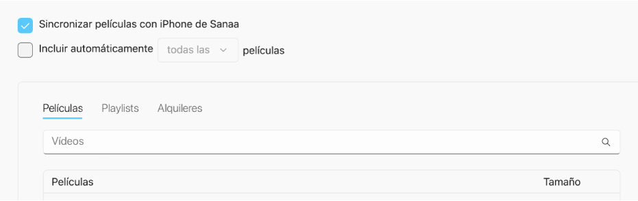 La casilla “Sincronizar películas con [dispositivo]” está seleccionada y el menú desplegable “Incluir automáticamente” aparece debajo.