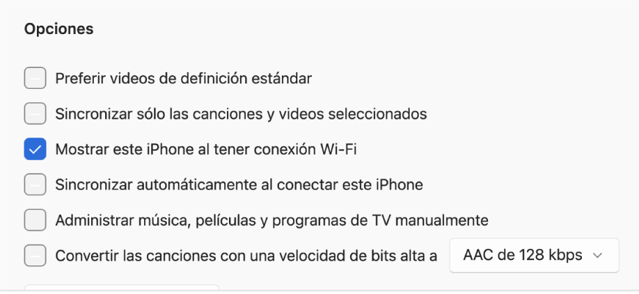 Las opciones de sincronización para administrar el contenido.