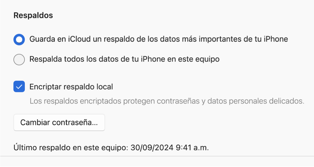 La ventana de la app Dispositivos Apple mostrando opciones para respaldar y restaurar un dispositivo Apple.