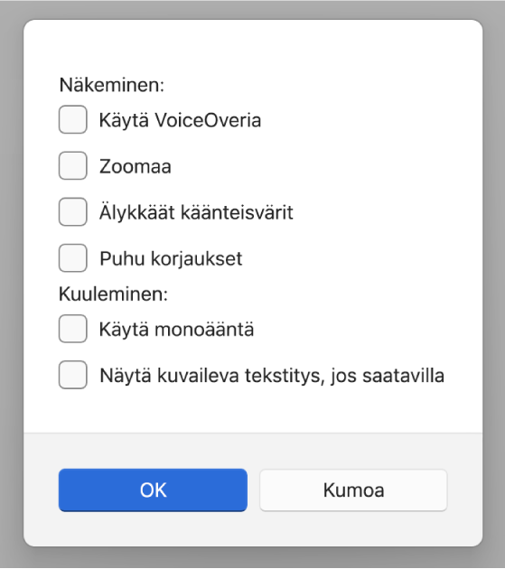 Käyttöapuominaisuuksissa Apple-laitteet-sovelluksessa näkyvät valinnat VoiceOverille, zoomaukselle, älykkäille käänteisväreille, korjausten puhumiselle, monoäänen käytölle ja kuvailevan tekstityksen näyttämiselle, jos se on saatavilla.