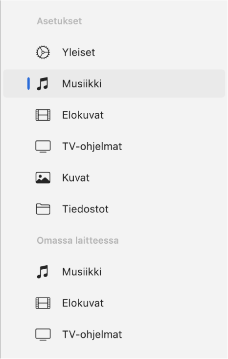 Sivupalkki, jossa on valittuna Musiikki.