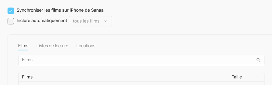 La case « Synchroniser les films avec [appareil] » est cochée. En dessous, la case à cocher « Inclure automatiquement » est sélectionnée et l’option « tout » est choisie dans le menu contextuel.