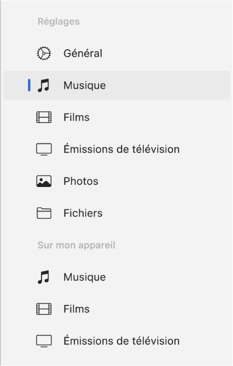 La barre latérale qui affiche l’option Musique sélectionnée.