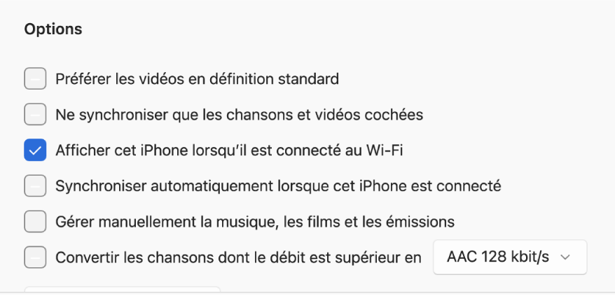 Les options de synchronisation pour la gestion de contenu.