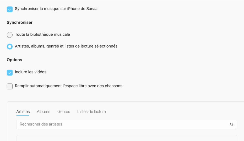 La case à cocher « Synchroniser la musique avec l’appareil » s’affiche avec des options supplémentaires pour synchroniser l’ensemble de votre bibliothèque ou uniquement la musique sélectionnée avec les vidéos et les mémos vocaux.