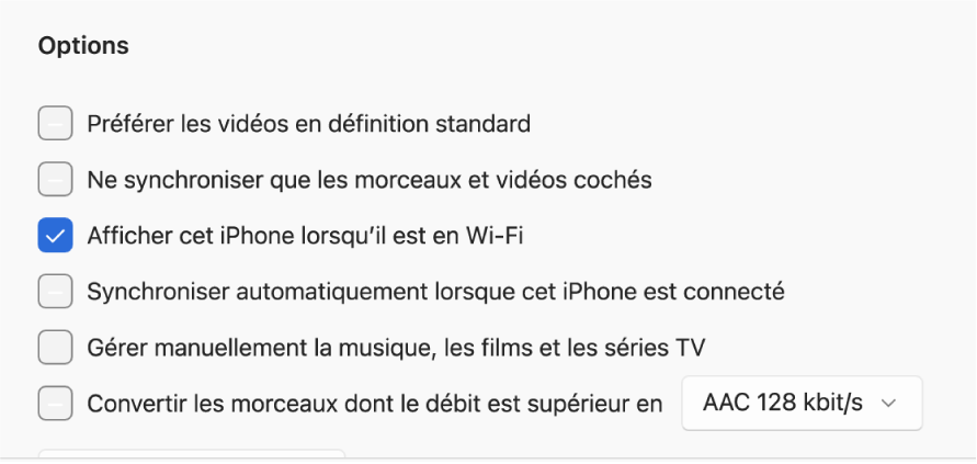 Les options de synchronisation pour gérer le contenu.