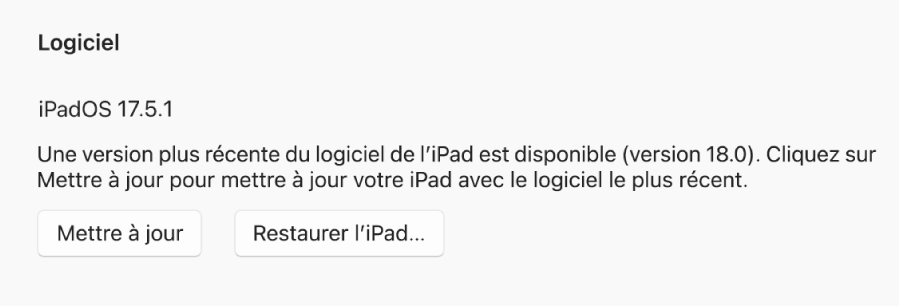 Le bouton « Mettre à jour » s’affiche en regard du bouton « Restaurer l’appareil ».