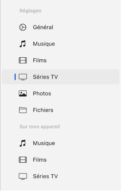 La barre latérale avec lʼoption « Séries TV » sélectionnée.