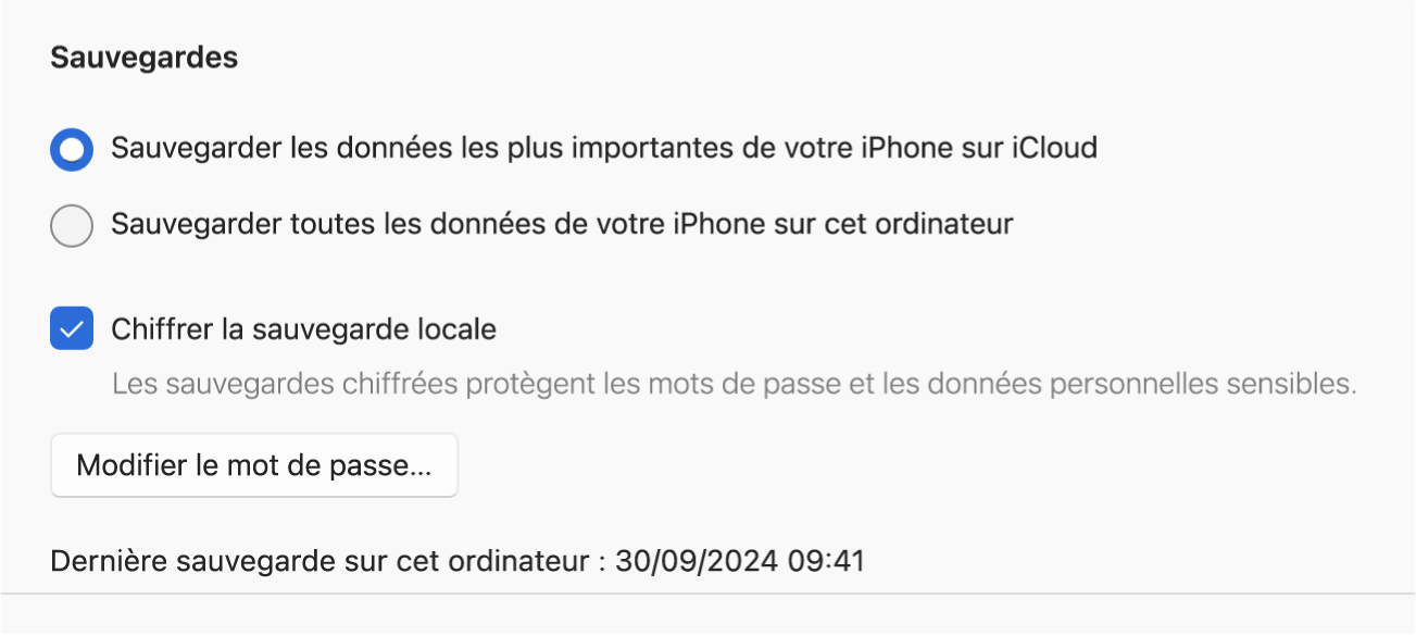 Une fenêtre « Appareils Apple » montrant des options permettant de sauvegarder et de restaurer un appareil Apple.