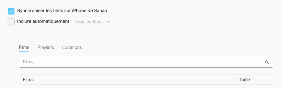 La case « Synchroniser les films sur [l’appareil] » est cochée. En dessous se trouve la case cochée « Inclure automatiquement », et l’option « Tous les » est sélectionnée dans le menu local.
