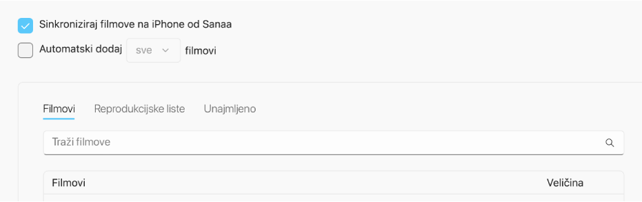 Odabrana je kućica “Sinkroniziraj filmove na [uređaj]”. Ispod toga odabrana je kućica “Automatski uključi” i odabrana je opcija “sve” u skočnom izborniku.