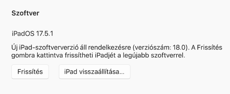 A „Frissítés” gomb megjelenik az „Eszköz visszaállítása” gomb mellett.