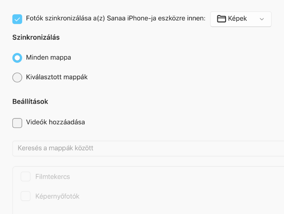 A „Minden fotó és album” és a Kijelölt albumok választógombok a „Csak kedvencek“, a „Videók hozzáadása” és az „Összes fotó automatikus hozzáadása” jelölőnégyzetekkel jelennek meg alább.