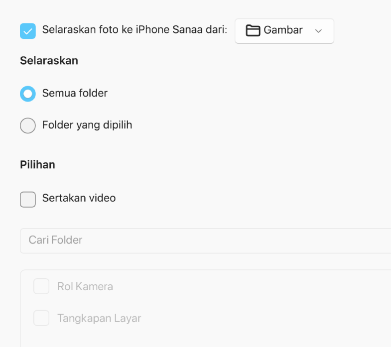 “Semua foto dan album” dan tombol radio album yang Dipilih dengan kotak centang “Hanya favorit”, “Sertakan video”, dan “Secara otomatis sertakan foto dari” di bawah.