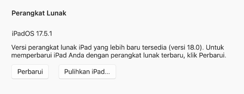 Tombol “Perbarui” muncul di samping tombol “Pulihkan perangkat”.