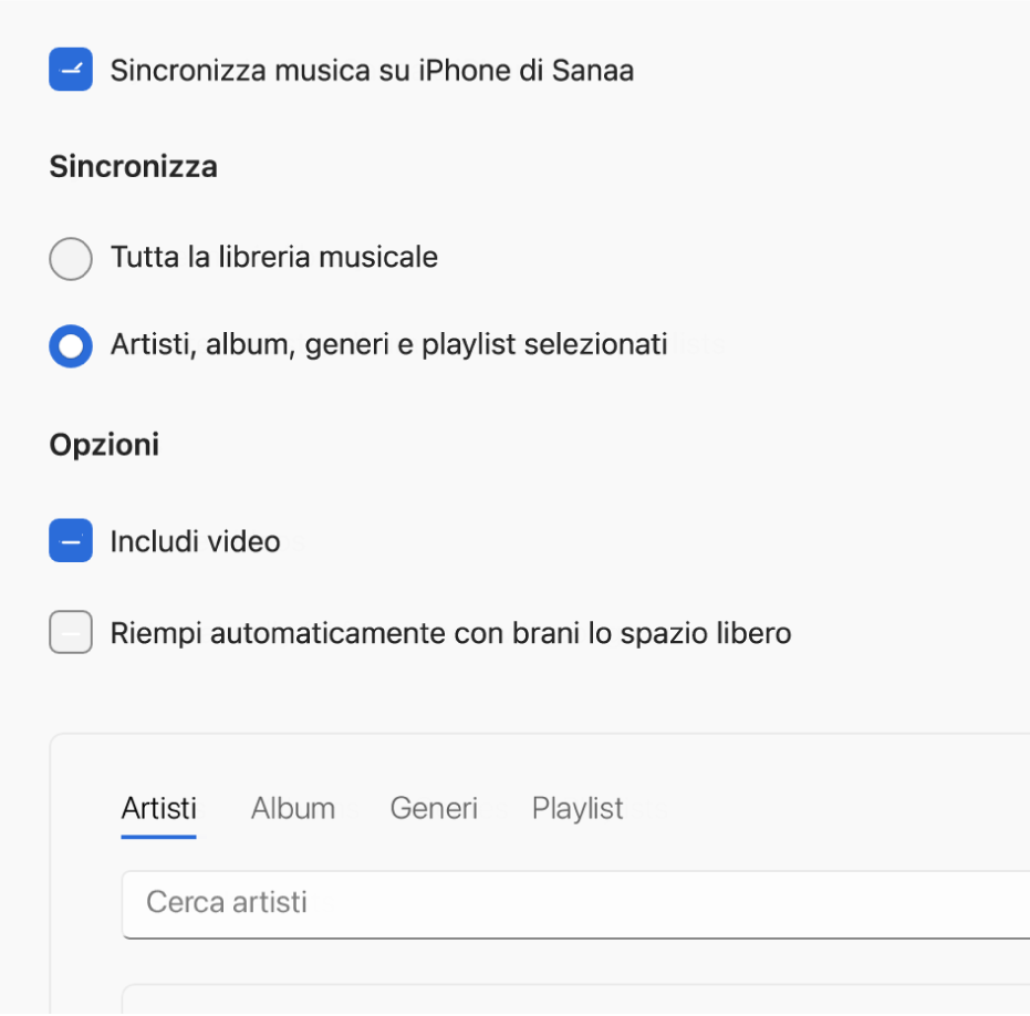 La finestra di Dispositivi Apple che mostra le opzioni di sincronizzazione per la musica.