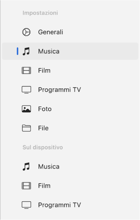 La barra laterale con l’opzione Musica selezionata.