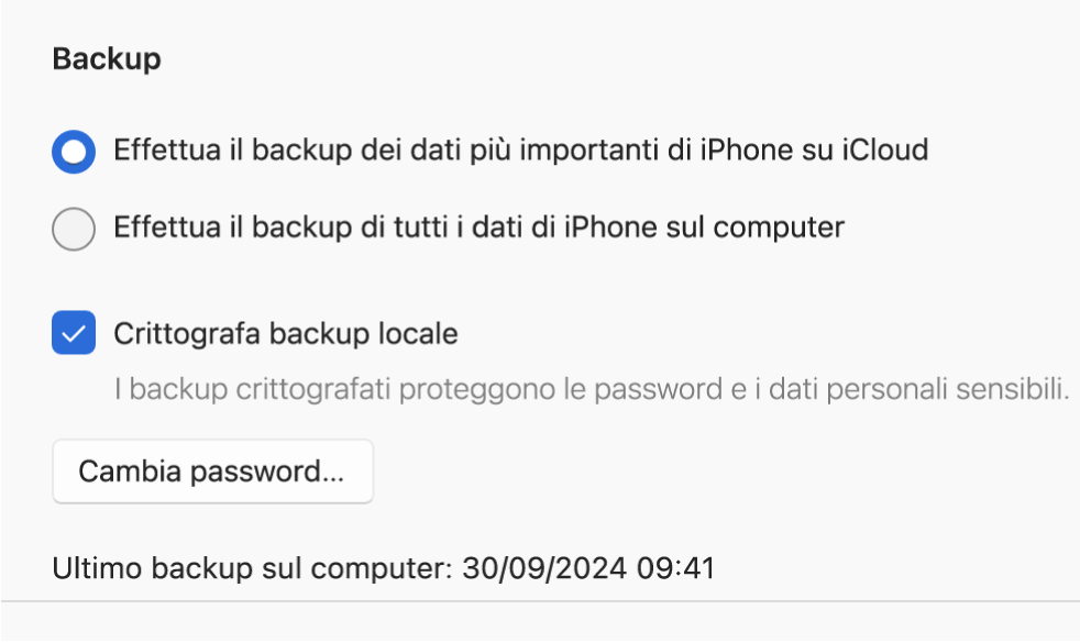 Una finestra di Dispositivi Apple che mostra le opzioni per il backup e per il ripristino di un dispositivo Apple.