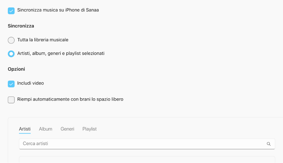 L’opzione “Sincronizza musica sul dispositivo” è visualizzata con ulteriori opzioni per sincronizzare tutta la libreria o solo la musica selezionata, con video e memo vocali.