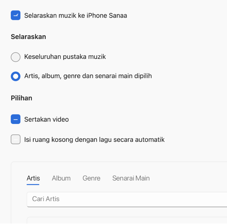 Tetingkap Peranti Apple menunjukkan pilihan penyelarasan untuk muzik.