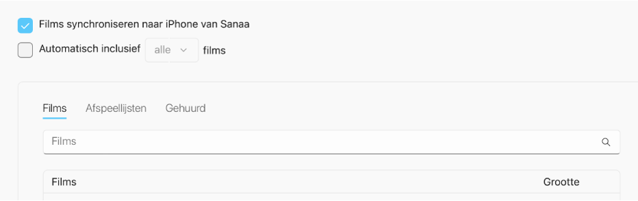 Het selectievakje 'Films synchroniseren naar [apparaat]' is ingeschakeld. Daaronder is het selectievakje 'Automatisch inclusief' geselecteerd en in het pop‑upmenu is 'alle' gekozen.