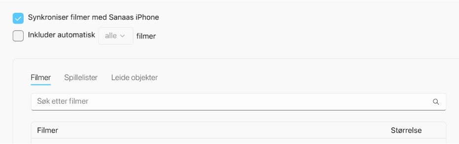 Avkrysningsruten «Synkroniser filmer med [enhet]» er markert. Under er avkrysningsruten «Inkluder automatisk» markert og «alle» valgt i lokalmenyen.