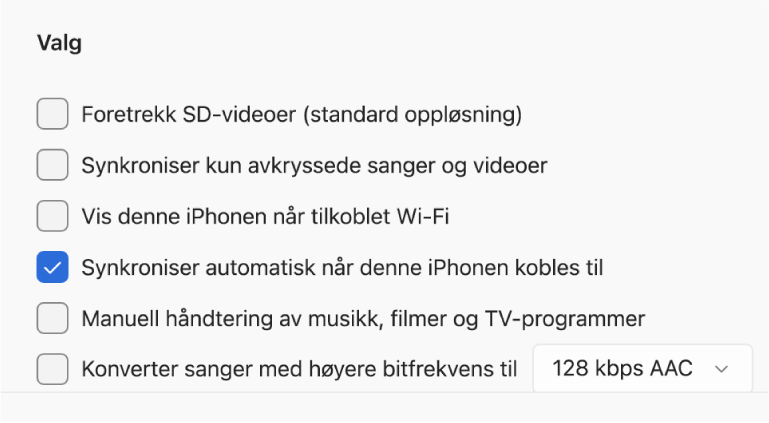 Synkroniseringsalternativer for Apple-enheten og Windows-enheten. «Synkroniser automatisk når denne iPhonen kobles til» er markert.