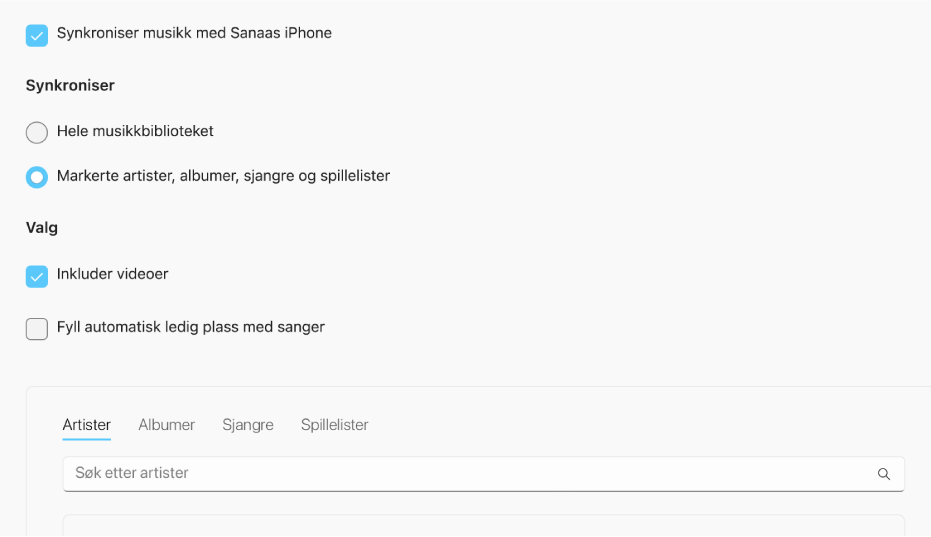 Avkrysningsruten «Synkroniser musikk med enhet» vises med flere valg for å synkronisere hele biblioteket eller kun markert musikk med videoer og taleopptak.