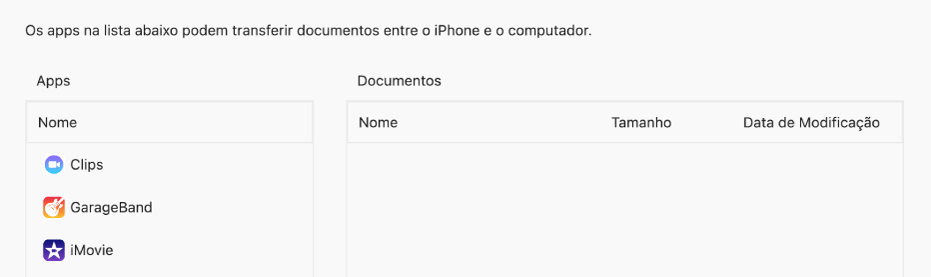 A janela Arquivos mostrando os apps que podem ser sincronizados com um dispositivo.