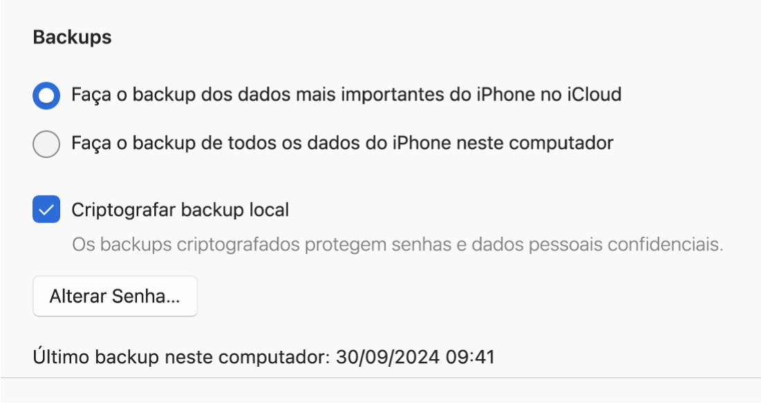 Janela de “Dispositivos Apple” mostrando opções de backup e restauração de um dispositivo Apple.