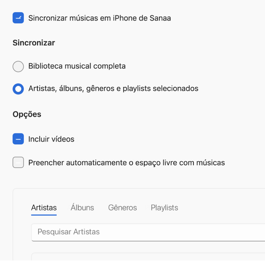 Janela de “Dispositivos Apple” mostrando opções de sincronização para músicas.