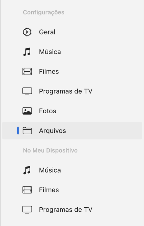 Barra lateral mostrando a opção Arquivos selecionada.
