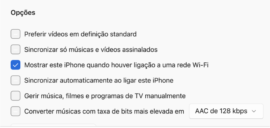 As opções de sincronização para gerir conteúdo.