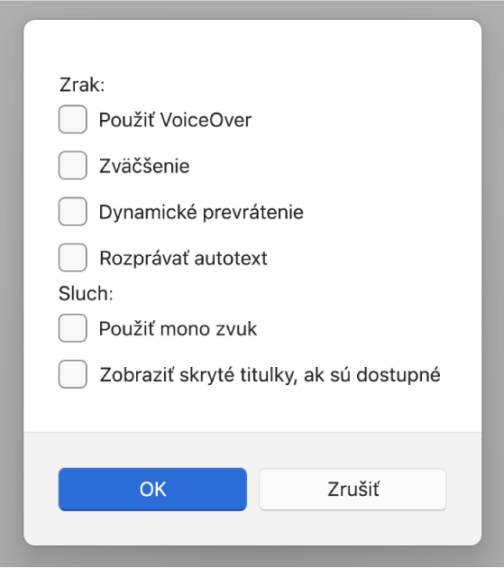 Funkcie prístupnosti v apke Apple Devices zobrazujúce možnosti Použiť VoiceOver, Zmeniť veľkosť, Dynamické prevrátenie, Rozprávať autotext, Použiť mono zvuk a Zobraziť skryté titulky, ak sú dostupné.