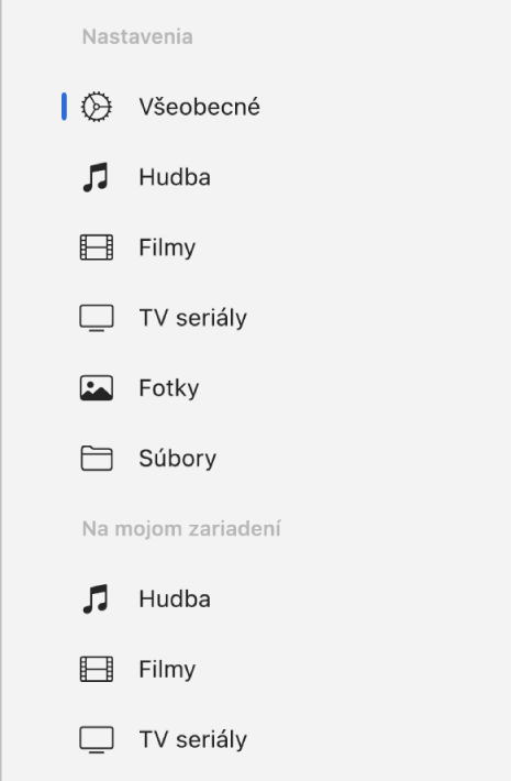 Na postrannom paneli sa zobrazuje tlačidlo Všeobecné a tlačidlá pre konkrétny typ obsahu, napríklad hudba, filmy, TV seriály a iný obsah.