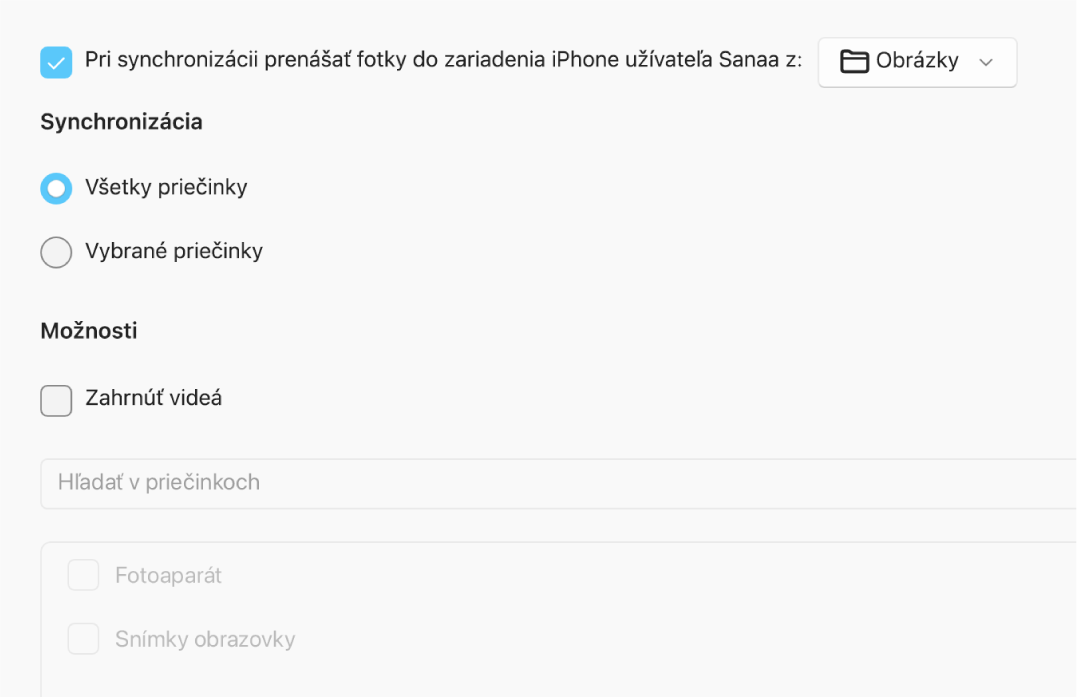 Zobrazia sa prepínače „Všetky fotky a albumy“ a „Vybrané albumy“ spolu so zaškrtávacími políčkami „Len obľúbené“, „Zahrnúť videá“ a „Automaticky zahrnúť fotky za“, ktoré sú pod nimi.