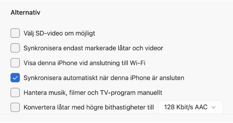 Alternativ för synkronisering av en Apple-enhet och Windows-enheten. ”Synkronisera automatiskt när denna iPhone är ansluten” är markerat.