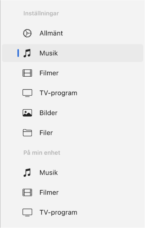 Sidofältet med Musik markerat.