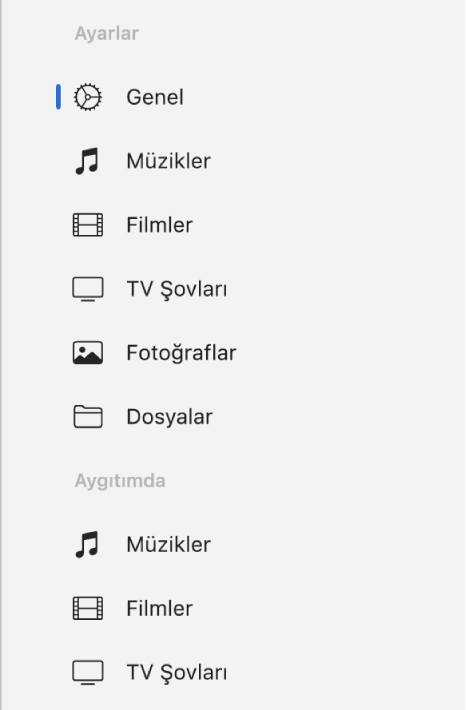 Genel düğmesini ve müzik, filmler, TV şovları vb. içeriğin düğmelerini gösteren kenar çubuğu.