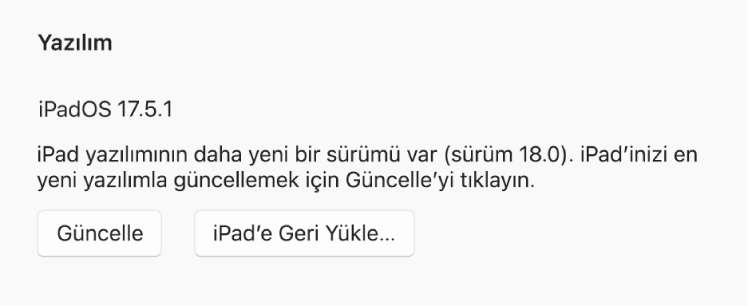 “Güncelle” düğmesi, “Aygıtı geri yükle” düğmesinin yanında görünür.