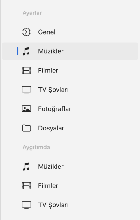 Müzik’i seçili olarak gösteren kenar çubuğu.