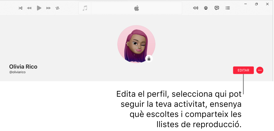 La pàgina de perfil de l’Apple Music: a la banda dreta de la finestra hi ha el botó d’editar, que pots seleccionar per editar el teu perfil, seleccionar qui pot seguir la teva activitat, mostrar què escoltes i compartir llistes de reproducció.