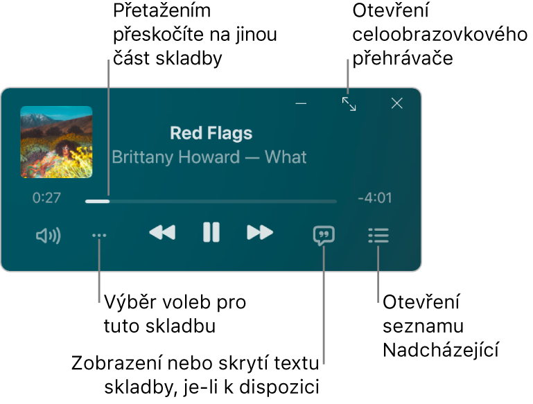 Minipřehrávač s ovládacími prvky pro právě přehrávanou skladbu. V hlavní části okna se zobrazuje grafika alba, z nějž skladba pochází. Pod grafikou se nachází jezdec pro posun na jinou část skladby a tlačítka pro nastavení hlasitosti, výběr voleb, zobrazení textu skladby a seznamu nadcházejících skladeb. Tlačítkem v pravém horním rohu se otevře přehrávač v režimu celé obrazovky.