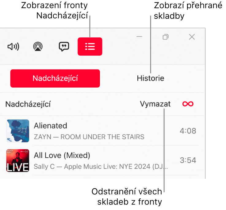 Pravý horní roh okna aplikace Apple Music s tlačítkem Nadcházející nad frontou Nadcházející. Napravo od tlačítka Nadcházející se zobrazuje tlačítko Historie. Výběrem tlačítka Historie zobrazíte seznam naposledy přehraných skladeb. Pod tlačítkem Historie se nachází odkaz Smazat. Kliknutím na tento odkaz odstraníte z fronty všechny skladby.