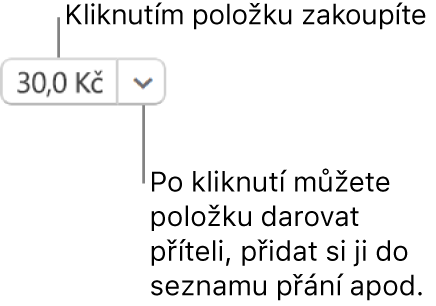 Tlačítko s cenou. Výběrem cenovky položku zakoupíte. Když vyberete šipku vedle cenovky, můžete položku darovat příteli, přidat ji do svého seznamu přání a podobně.