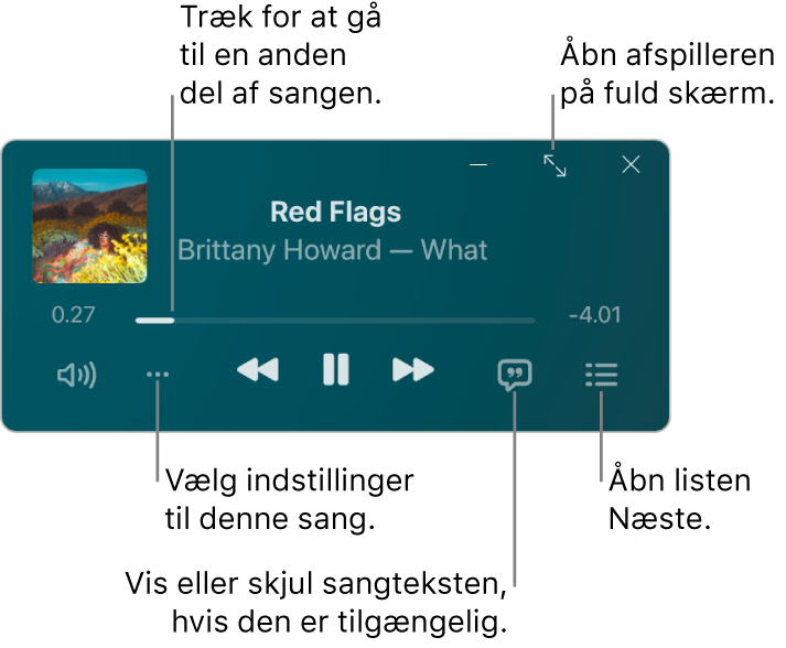 Miniafspilleren viser betjeningspanelet til den sang, der afspilles. Vinduets primære område viser albumbilleder til sangen. Under billedet vises et mærke til at gå til en anden del af sangen og knapper til at justere lydstyrken, vælge indstillinger, vise sangtekster og se, hvad der afspilles næste gang. I øverste højre hjørne er der en knap til at åbne afspilleren på fuld skærm.