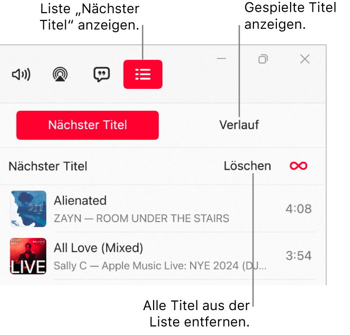 Die rechte obere Ecke des Apple Music-Fensters mit der Taste „Nächster Titel“ oben in der Liste „Nächster Titel“. Die Taste „Verlauf“ befindet sich rechts neben der Taste „Nächster Titel“. Wähle die Taste „Verlauf“, um die zuletzt wiedergegebenen Titel anzuzeigen. Der Link „Löschen“ befindet sich unter der Taste „Verlauf“. Wähle den Link „Löschen“, um alle Titel aus der Liste zu entfernen.