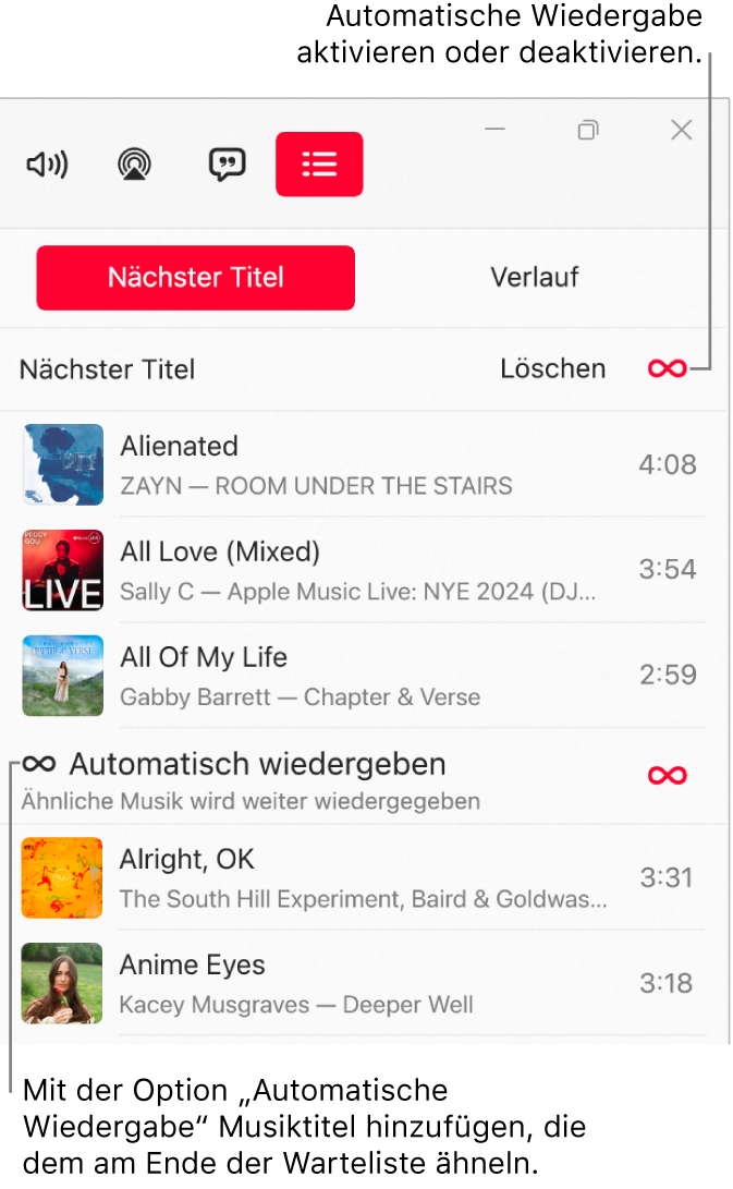 Die Warteliste „Nächster Titel“ mit einer Auflistung der nächsten Titel und dem Symbol „Automatisch wiedergeben“ auf der rechten Seite. Wähle die Taste „Automatisch wiedergeben“, um sie zu aktivieren oder zu deaktivieren. Wenn „Automatisch wiedergeben“ aktiviert ist, werden am Ende der Liste ähnliche Titel hinzugefügt.